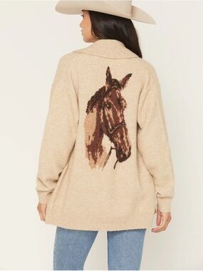 Idyllwind Beige Horse Intarsia Cardigan with Brown Motif